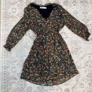 Zara Long Sleeve Floral Dress - Black and Orange